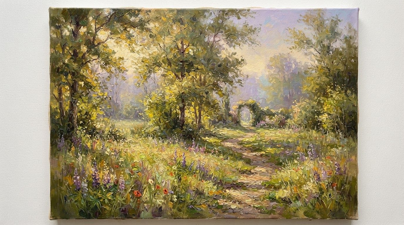 Illustrative impressionist painting of a sunlit garden, trees and a stone arch; design preview, not a verified work by Inna Luzhetska.
