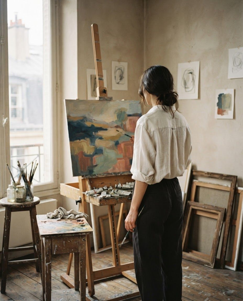 Illustrative studio scene with a person painting at an easel; this is not an authentic portrait of Inna Luzhetska.